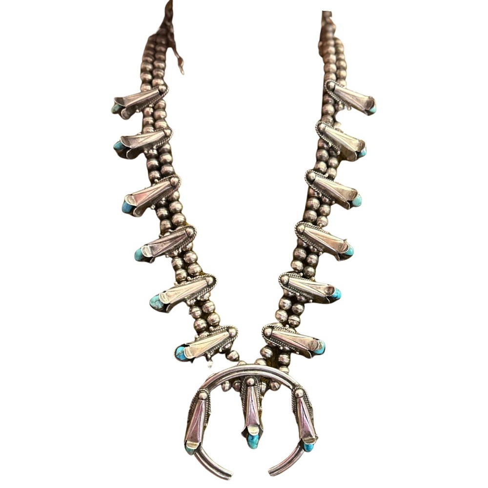 Vintage Navajo Squash Necklace 925 Silver Sleeping B Turquoise Native C.1970's